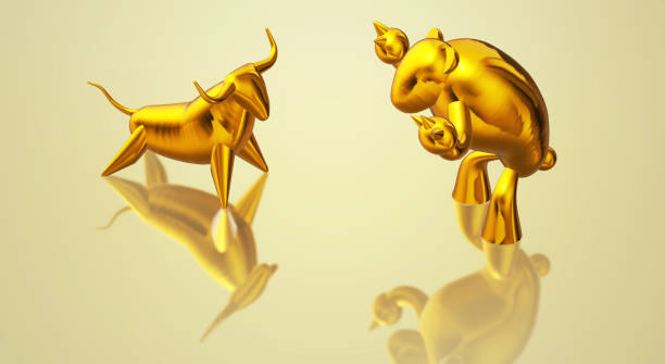 istock 3d rendering gold bull and bear business content. 1152343745