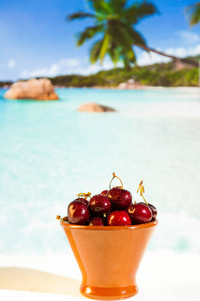 Close-up of fresh ripe cherries displayed in a bowl at a fruit market. The glossy red fruits with stems highlight natural freshness, sweetness, and the appeal of seasonal produce and healthy eating.