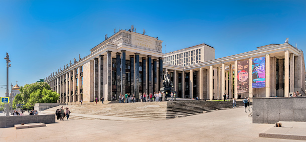 Moscow. May 18, 2019. The Lenin State Library and the monument to FM Dostoevsky. Panorama