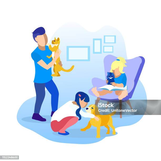 Enfants Jouant Avec Des Animaux De Compagnie Illustration De Dessin Animé Vecteurs libres de droits et plus d'images vectorielles de Chien