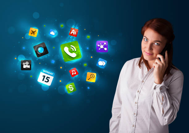 istock Young woman calling by phone with various icons 1152350081
