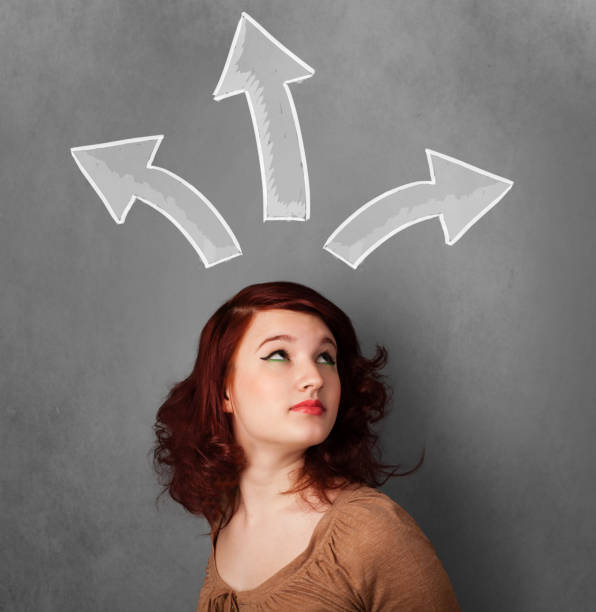 istock Young woman thinking with arrows above her head 1152350145