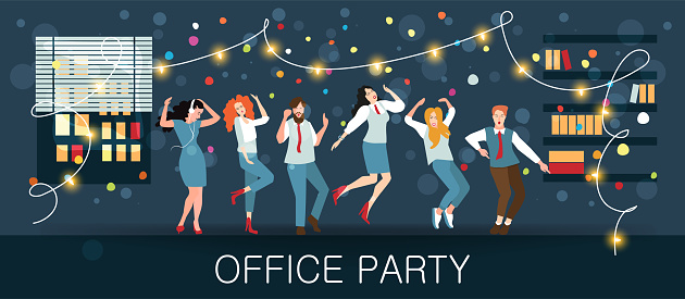 Office party, new year's carnival, festival, holiday. Managers celebrate Christmas and New year. For posters, banners and other winter events. Vector illustration