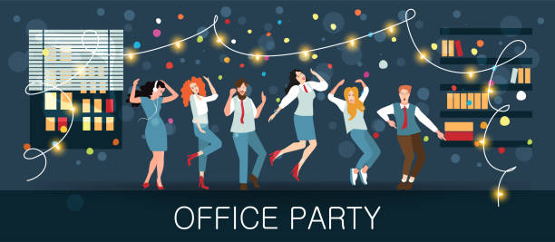 Festive carnivals and dance parties. People dance Office party, new year's carnival, festival, holiday. Managers celebrate Christmas and New year. For posters, banners and other winter events. Vector illustration office parties stock illustrations