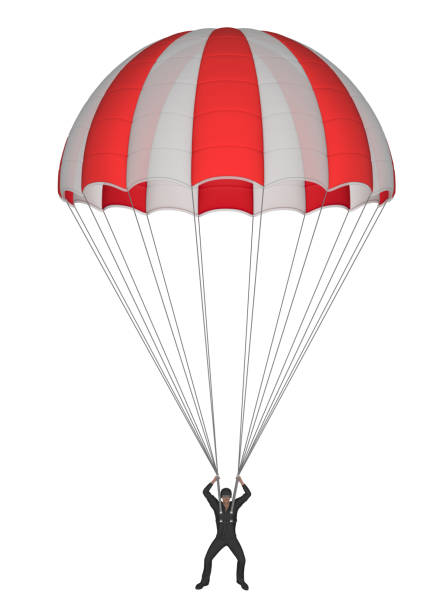 istock Parachutist with a red and white round parachute 1152351171