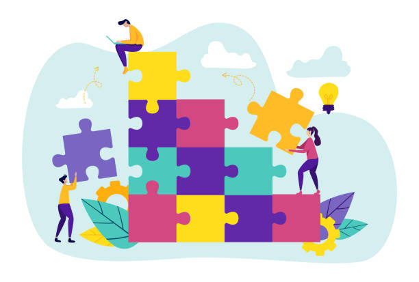 Team Metaphor. People Connecting Puzzle Elements. Team Metaphor. People Connecting Puzzle Elements. Teamwork, Cooperation, Partnership. Man Sitting with Laptop on Top, Male and Female Characters Set Up Construction. Cartoon Flat Vector Illustration order illustrations stock illustrations