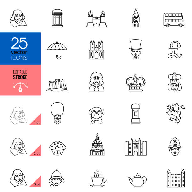 british england culture line icons. bearbeitbare stroke. - big ben london england uk british culture stock-grafiken, -clipart, -cartoons und -symbole