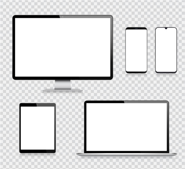 illustrazioni stock, clip art, cartoni animati e icone di tendenza di tablet digitale vettoriale realistico, telefono cellulare, smartphone, laptop e monitor del computer. dispositivi digitali moderni - smart phone mobile phone touchpad telephone