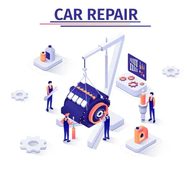 Vector illustration of Promotion Banner with Engine Repairing Process