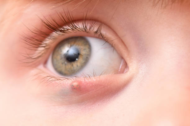 Children's right eye and swollen barley on the lower eyelid. Macro, close-up stock photo