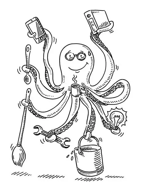Vector illustration of Busy Octopus Work Chores Balance Drawing