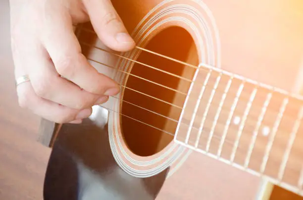 Photo of Close-up of a male hand picking the strings of a guitar