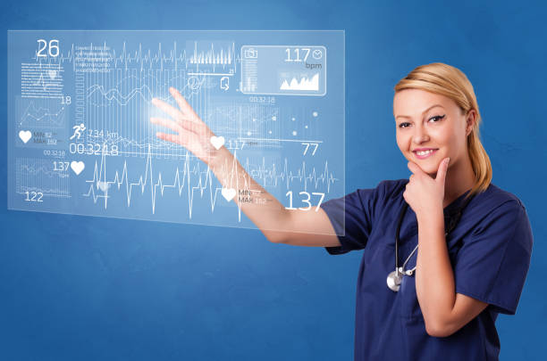 istock Person touching light blue hologram screen 1152355586