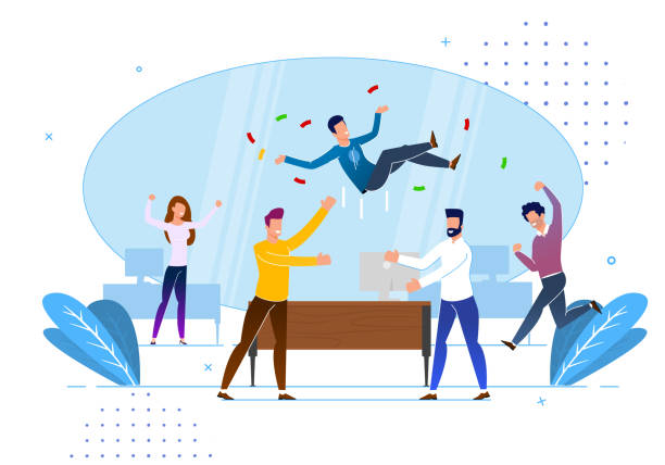 Greetings from Colleagues in Office, Cartoon. Greetings from Colleagues in Office, Cartoon. Office Situation, Congratulations on an Important Event in Life an Employee. Men and Women Rejoice for Colleague. Vector Illustration. enjoyment illustrations stock illustrations