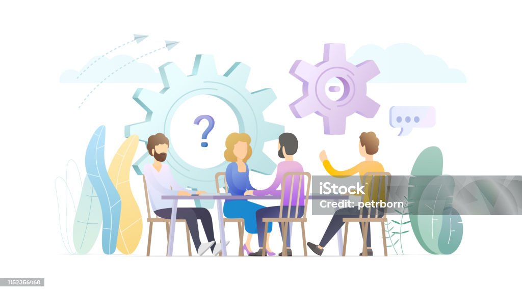 Office work flat vector illustration. Office work flat vector illustration. Coworking, business meeting, conference concept. Workers, managers discussing project cartoon characters. Workforce, staff, personnel brainstorming, teamwork. Adult stock vector