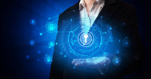 istock Young person holding hologram security symbols 1152357161