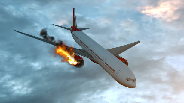 istock Burning white aircraft in the sky before crashing down. 3D illustration 1152358214