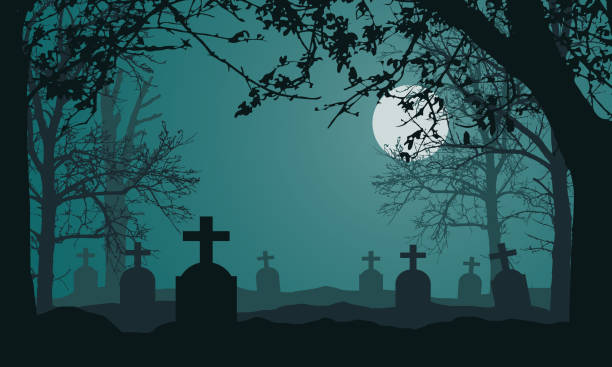 ilustraciones, imágenes clip art, dibujos animados e iconos de stock de ilustración realista de paisaje espeluznante y bosque con árboles muertos y secos, cementerio con lápidas y luna llena en el cielo verde de la noche. adecuado como una tarjeta para halloween-vector - cemetery