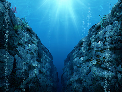 View from the Mariana Trench, the deepest depths in the Western Pacific, 3d render illustration