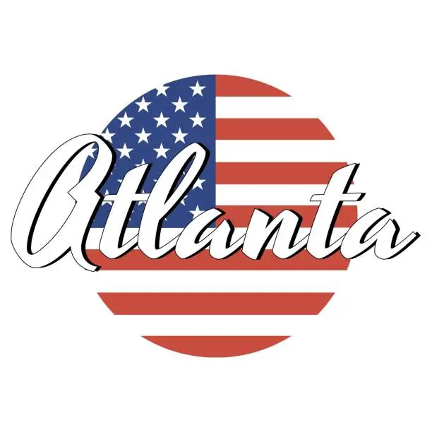 Vector illustration of Circle button Icon of national flag of The United States of America with red and blue colors and inscription of city name: Atlanta in modern style. Vector EPS10 illustration.