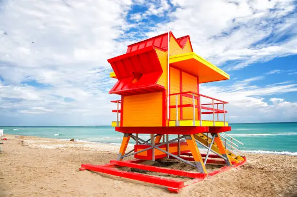Photo of Lifeguard tower for rescue baywatch on beach in Miami, USA