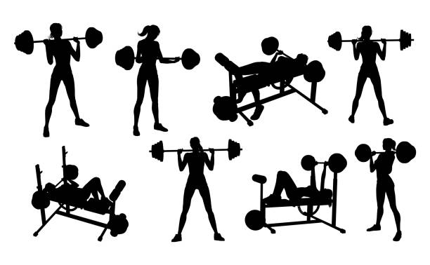 Gym Fitness Equipment Woman Silhouettes Set A woman in silhouette using pieces of gym fitness equipment and machines set weightlifting stock illustrations