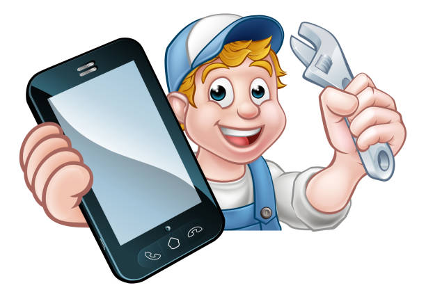 Mechanic Plumber Handyman Phone Concept A plumber, mechanic or handyman holding a spanner and phone with copyspace plumber tablet stock illustrations