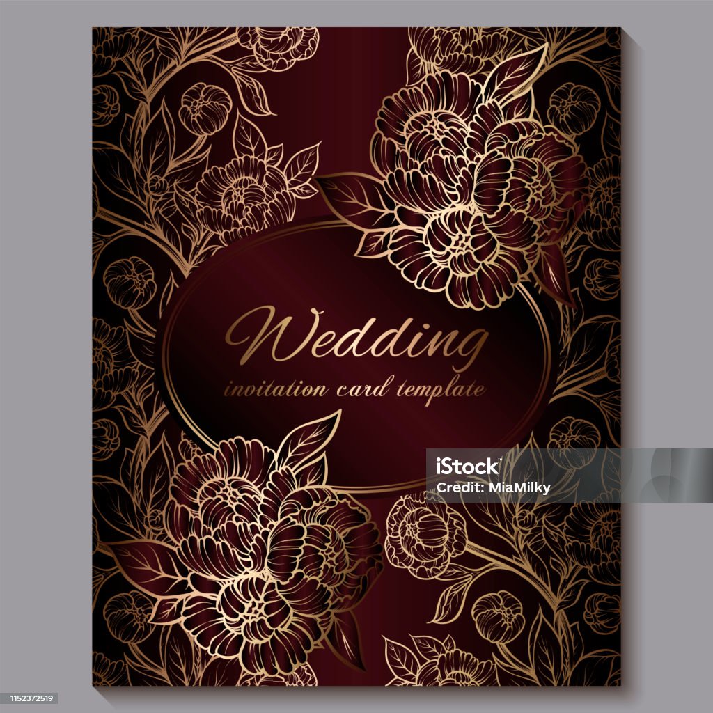 Exquisite Red Royal Luxury Wedding Invitation Gold Floral Background With  Frame And Place For Text Lacy Foliage Made Of Roses Or Peonies With Golden  Shiny Gradient Stock Illustration - Download Image Now -