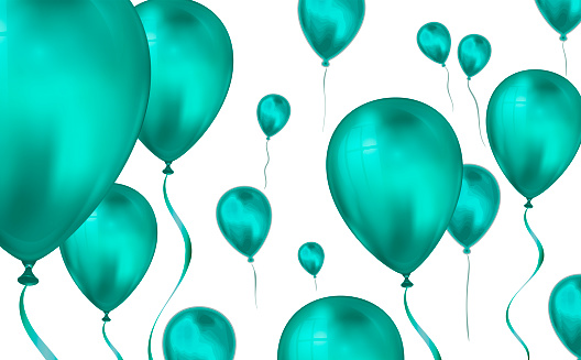 Glossy teal color Flying helium Balloons backdrop with blur effect. Wedding, Birthday and Anniversary Background. Vector illustration for invitation card, party brochure, banner.