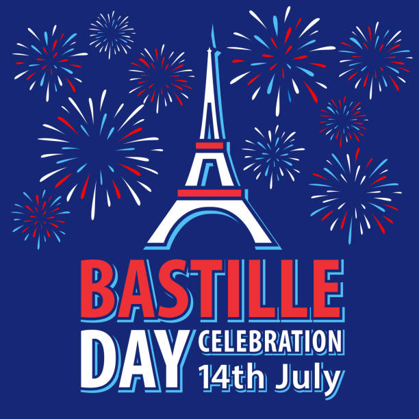 Bastille Day Paris Celebrations Celebrating Bastille Day, the national day of France, on 14th July in Paris with firework display sparkling on the blue background bastille day stock illustrations