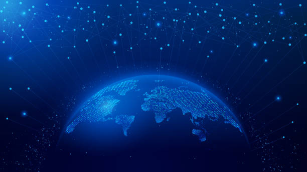 행성의 지도. 세계지도. 글로벌 소셜 네트워크. 미래. 벡터. 행성 지구와 블루 미래 지향적 인 배경. 인터넷 및 기술. - future stock illustrations