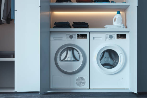 istock Washing and dryer machines with laundry detergent and clothes. 3d rendering. 1152380135
