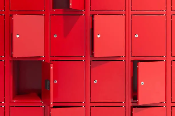 Red safe deposit boxes with switched-on light. Safety closets. 3d rendering. Some safe deposit boxes are opened