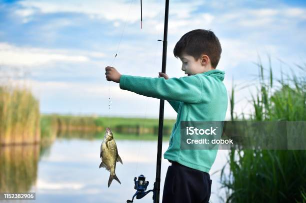 Kid Boy Hold A Fish On Fishing Rod Stock Photo - Download Image
