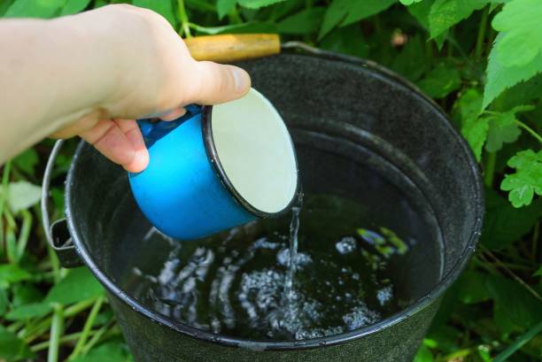 istock hand with a blue mug takes water from a black bucket 1152384038