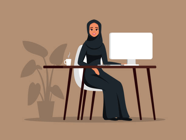 ilustraciones, imágenes clip art, dibujos animados e iconos de stock de chica árabe joven sentada en la mesa usando la computadora. - middle eastern ethnicity illustrations
