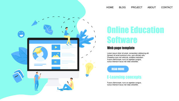 illustrations, cliparts, dessins animés et icônes de modèle de page web. application d’éducation en ligne. concept e-learning - professeur(e)