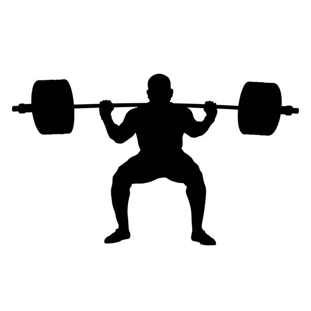 ilustraciones, imágenes clip art, dibujos animados e iconos de stock de atleta powerlifter squat con barbell - crouching silhouette men people
