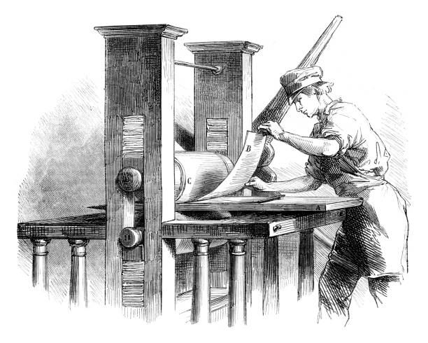 издатель и принтер, работающий в типографии 1852 - working illustration and painting engraving occupation stock illustrations
