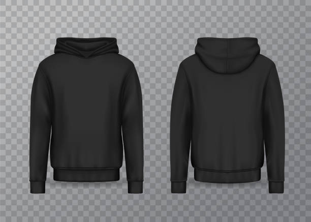 Black realistic men hoodie Realistic men hoodie or black 3d hoody. Blank or empty male sweatshirt isolated on transparent. Sweater or jacket mockup. Apparel or clothing design for advertising, textile object. Fashion and wear hooded shirt stock illustrations