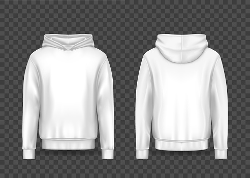 White 3d man hoodie or realistic men hoody mockup. Empty template for print on male sweatshirt. Isolated sweater or jacket on transparent. Fabric clothing or dress, apparel. Wear and cloth theme