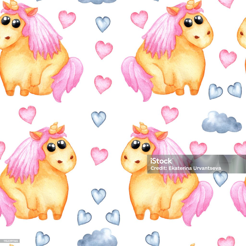 watercolor illustration pattern with beige cute unicorns with a pink mane and tail with pink and blue indigo hearts and clouds. children's print, for cards, paper design. hand drawn on white background Animal stock illustration