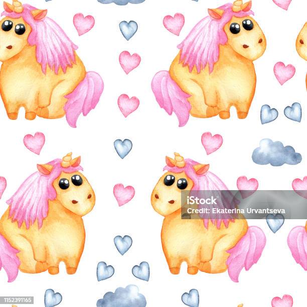 Watercolor Illustration Pattern With Beige Cute Unicorns With A Pink Mane And Tail With Pink And Blue Indigo Hearts And Clouds Childrens Print For Cards Paper Design Hand Drawn On White Background Stock Illustration - Download Image Now