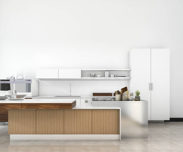 istock 3d rendering white minimal loft mock up kitchen with wood decoration 1152393167