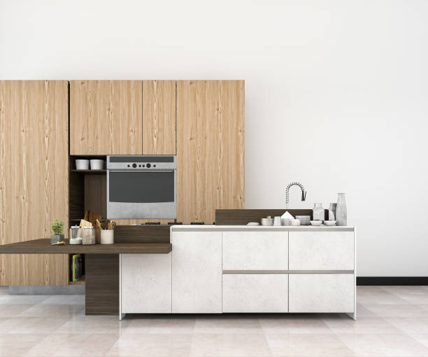 istock 3d rendering white minimal loft mock up kitchen with wood decoration 1152393173