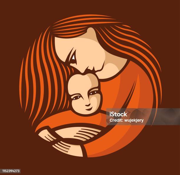 Mother With Long Hair Holding A Child Stock Illustration - Download Image Now - Mother, Child, Logo