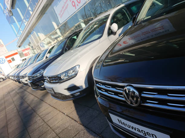 Berlin, Germany - February 24, 2019: Volkswagen car dealership signage. German automaker founded in 1937 and headquartered in Wolfsburg