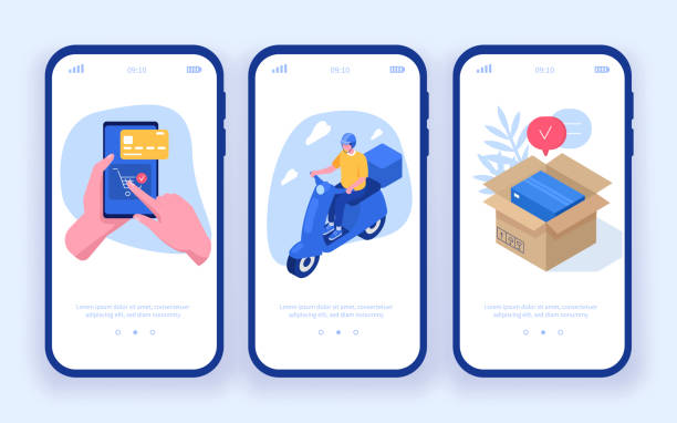 delivery app Delivery concept templates for mobile app page. Can use for web banner, infographics, hero images. Flat isometric modern vector illustration. portable information device illustrations stock illustrations