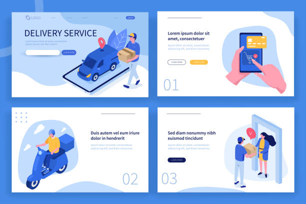 delivery service Delivery service landing page template. Can use for web banner, infographics, hero images. Flat isometric modern vector illustration. delivering illustrations stock illustrations