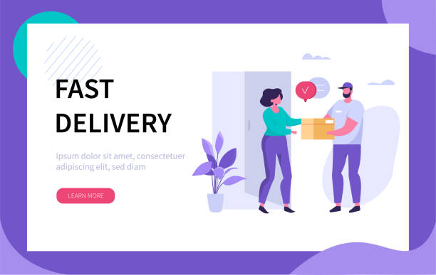 fast delivery Delivery man  and customer at door. Can use for web banner, infographics, hero images. Flat modern vector illustration. delivering illustrations stock illustrations